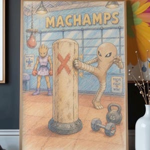 Könnte beinhalten: Eine gerahmte Buntstiftzeichnung mit dem Titel MACHAMPS zeigt eine Fitnessstudio-Szene, in der eine beige Kreatur gegen einen mit einem roten X markierten Boxsack tritt. Eine zweite Kreatur steht daneben, mit einer Kettlebell, einer Hantel und dem Text FOCUS FIGHT WIN.
