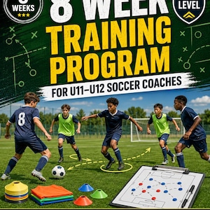 Pode incluir: Um programa de treino de 8 semanas para treinadores de futebol U11-U12, incluindo um guia digital, uma prancheta tática branca com marcadores e ímanes, e um conjunto de cones e coletes coloridos para sessões de treino de jovens.