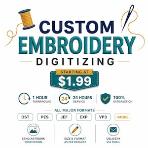 Könnte beinhalten: Eine grafische Anzeige für Stickerei-Digitalisierungsdienste mit einer goldenen Garnrolle und einer Nadel. Der Text lautet CUSTOM EMBROIDERY DIGITIZING, STARTING AT $1.99, 1 HOUR TURNAROUND, 24 HOURS SERVICE, 100% SATISFACTION, ALL MAJOR FORMATS, DST, PES, JEF, EXP, VP3, +MORE.