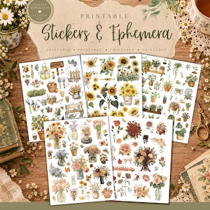 Può includere: Una collezione di cinque fogli stampabili con varie illustrazioni botaniche e di giardinaggio, tra cui girasoli, rose, piante in vaso e attrezzi da giardino. Il testo "PRINTABLE Stickers & Ephemera" è visualizzato nella parte superiore.