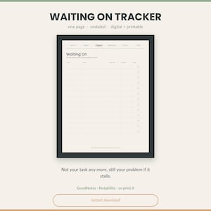 May include: A digital and printable one-page Waiting On Tracker template featuring a clean layout with columns for task details, person, date, and checkboxes. The header displays Waiting On, and the page includes navigation tabs for Home, Week, Projects, Meetings, Focus, and Tools.
