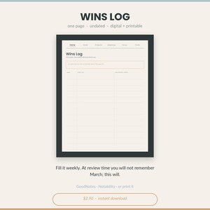 Op de afbeelding: Een digitale en printbare Wins Log plannerpagina met een strakke lay-out met secties voor Home, Week, Projects, Meetings, Focus en Tools. Het document bevat een Wins Log koptekst, een tekstvak en een tabel met kolommen voor Name, Wins Log en High Impact.
