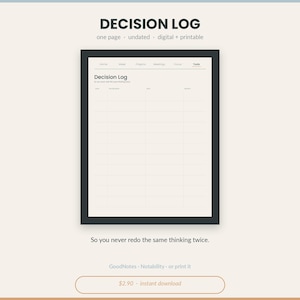 May include: A digital and printable decision log template featuring a clean, minimalist layout with columns for date, decision, why, and impact. The header includes navigation tabs for home, week, projects, meetings, focus, and tools.