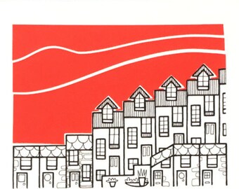 st ives cornwall illustration - 'red sky at night' - stylised cornish cottages drawing - st ives sunset - hand drawn houses at sunset.