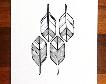 arrows illustration - MADE TO ORDER - geometric pattern - 'four' - hand drawn feathers or arrow flights - black and white feathers art.
