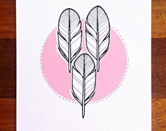 original feathers illustration - 'vee' - stylised feathers drawing - hand drawn feathers, circular art on candy pink, new baby girl art