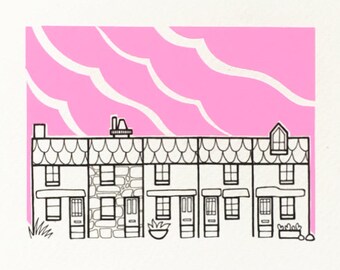 st ives cornwall illustration - 'pink' - stylised cornish cottages drawing - st ives pink sky - hand drawn houses at sunset.