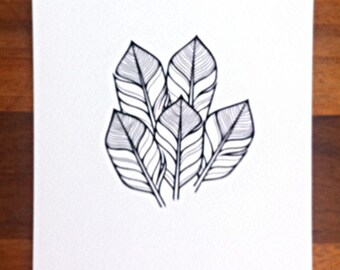 hand drawn feathers illustration - 'little sprig' - modern feathers art - stylised feathers drawing in black and white