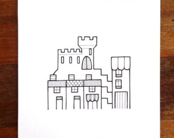 urban landscape art - 'keep' - hand drawn architectural illustration - modern village scene in black and white, castle illustration