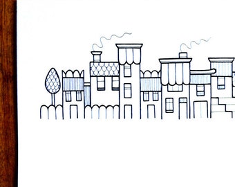 original urban landscape drawing - 'long street' - black and white hand drawn street scene - buildings illustration, british artist