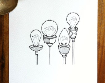 original artwork - 'reach' - hand drawn lightbulbs illustration - light bulb drawing in simple black and white