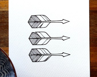 arrows illustration - MADE TO ORDER - 'triple' - modern stylised feathers art - geometric pattern of hand drawn feathers in black and white.