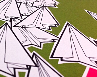 hand drawn paper planes - 'flock' - paper airplanes original drawing - black and white art on pink and green, small drawing, paper collage