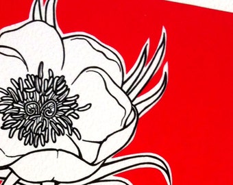 original artwork - 'peony' - peony flower illustration - abstract floral art on bright red.