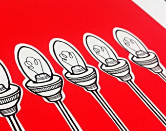 original lightbulb illustration - 'flare' - hand drawn light bulbs in black ink on christmas red - light bulb art