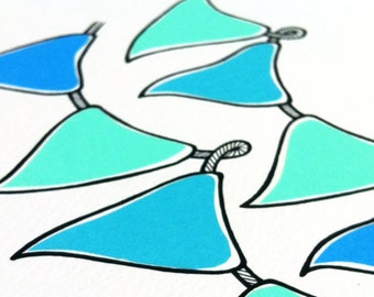 original artwork - hand drawn bunting illustration - 'wave' - flag bunting in turquoise or orange.