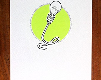 original drawing - 'solo, green' - single standing lightbulb on chartreuse green circle, black and white light bulb, lime green simple art