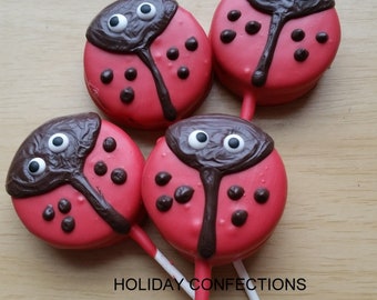 Chocolate covered Sandwich Cookie "ladybugs".  Summer party favor. Birthday party treat
