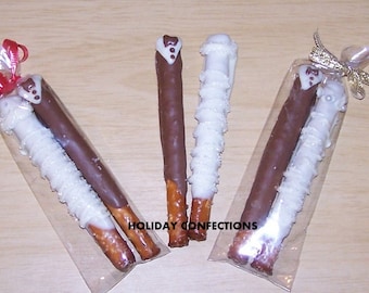 Pretzel Bride and Groom - Chocolate Covered pretzel sticks - pretzel sticks In Chocolate - Chocolate Favors