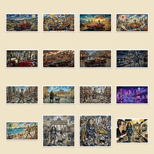 Puede incluir: Una colección de catorce láminas rectangulares que muestran diversas escenas de personas y gatos conduciendo coches antiguos o paseando perros en entornos urbanos y paisajes, representadas en diversos estilos artísticos variados.