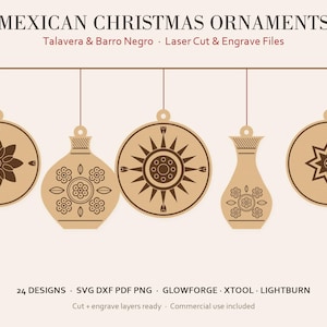 Puede incluir: Un gráfico digital que muestra MEXICAN CHRISTMAS ORNAMENTS, Talavera & Barro Negro, Laser Cut & Engrave Files. Cinco adornos de color canela, circulares y en forma de jarrón, cuelgan de una línea con grabados marrones.