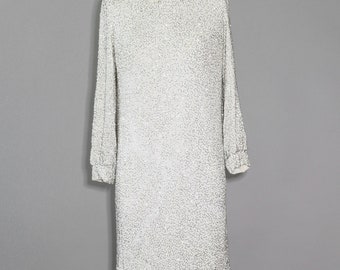 60s Couture beaded dress | Vintage 1960s Glam Heavily silver Beaded white Mod Couture Dress