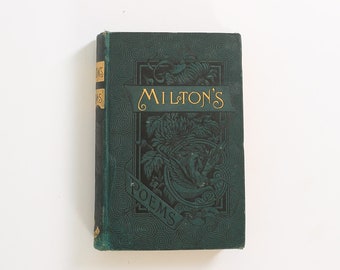 Antique 1886 Milton's Poems Book | The Poetical works of John Milton Floral Pegasus cover