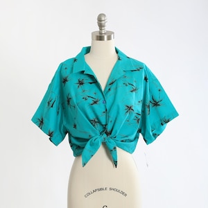 90s Tropical Palm Tree Oahu Hawaiian shirt | Vintage 1990s deadstock Hilo Hattie tie front shirt