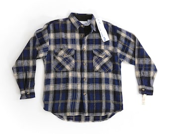 Vintage 70s Lumber Jack blue woven cotton plaid shirt Deadstock