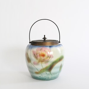 Antique vintage Victorian English floral ceramic lidded biscuit jar