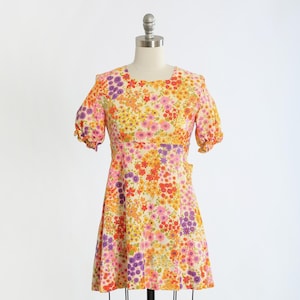 Vintage 1960s Neon floral barkcloth mini dress