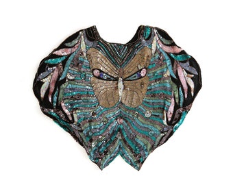 Butterfly silk blouse | Vintage 70s beaded sequin butterfly face blouse