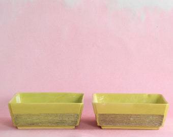 Vintage mid century modern green ceramic square planter catchall dishes pair | California Pottery