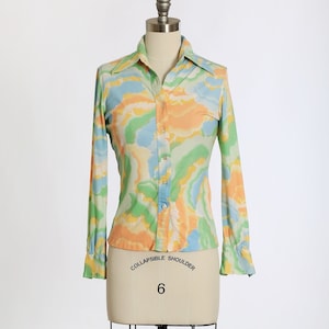 70s novelty print shirt | Vintage 1970s pastel clouds + trees disco long sleeve shirt