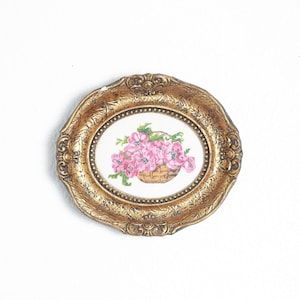 Antique vintage ornate gold oval frame | vintage floral needlepoint art
