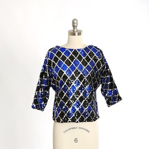 Vintage 80s diamond black + blue sequin blouse