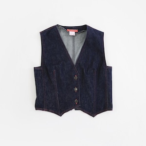 May include: A dark blue denim vest featuring a V-neckline, three front buttons, and visible red stitching along the seams. The garment includes a red interior label at the neckline with the text "RALPH LAUREN" and a size indicator.
