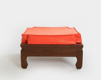 Vintage Mid Century Modern Ricardo Lynn Chinese orange vinyl wood stool ottoman