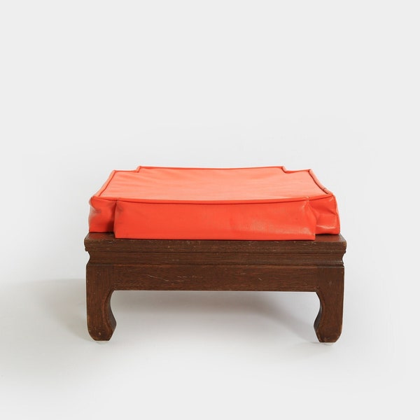 Vintage Mid Century Modern Ricardo Lynn Chinese orange vinyl wood stool ottoman