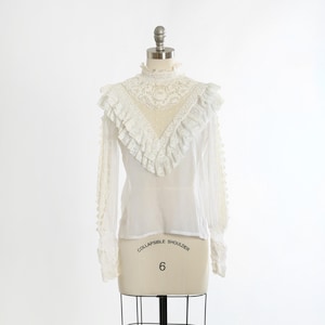 70s Victorian lace blouse | Vintage 1970s sheer floral riffle Victorian style blouse