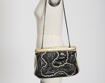 Patchwork leather purse | Vintage 80s black + metallic gold braided patchwork shoulder bag purse