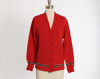 Vintage 50s red striped knit wool cardigan Varsity sweater