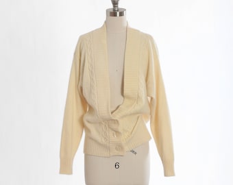 Pierre Cardin ivory knit cardigan | Vintage 80s 90s Pierre Cardin angora lambswool cable knit cardigan sweater