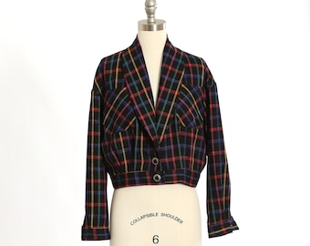 Vintage 80s woven plaid primary color cropped jacket