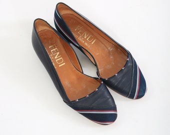 Vintage 80s 90s Fendi by Diego Della Valle blue leather ribbon wedges flats Made in Italy | US size 7