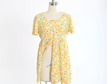 90s rayon floral yellow babydoll mini dress top