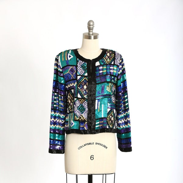 Heavily sequin jacket | Vintage 80s abstract sequin beaded silk Jacket | 1980s sequin beaded trophy jacket