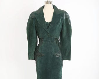 Vintage Micheal Hoban North Beach groene leren mini-jurk + kort jasje