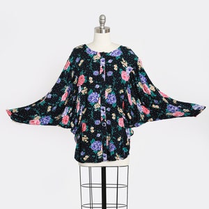Vintage 80s Batwing floral rose rayon blouse
