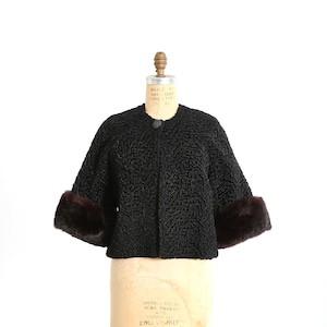 50s faux Persian lamb rabbit fur coat | Vintage 1950s cropped black faux Persian curly Lamb coat + large rabbit fur cuffs